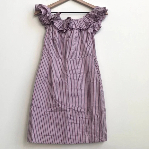 New Wayf Gayle pink Striped print Off the Shoulder Ruffle Shift dress - Picture 2 of 8